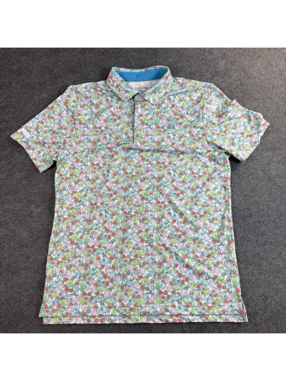 Good Good Golf Polo Shirt Mens Size M Multicolor Drinks Print Stretch Summer